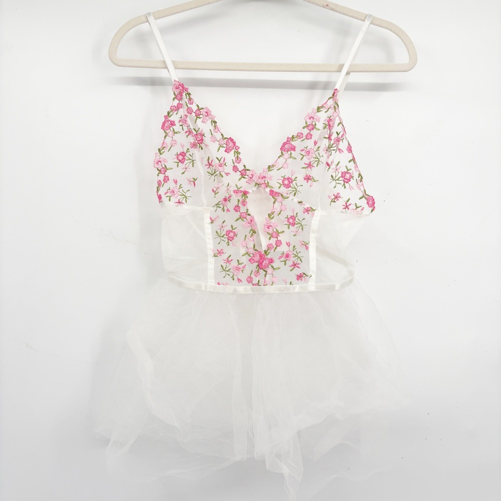 Womens‎ Pink Floral Embroidered Coquette Ethereal Fairycore Mesh Babydoll Top S
